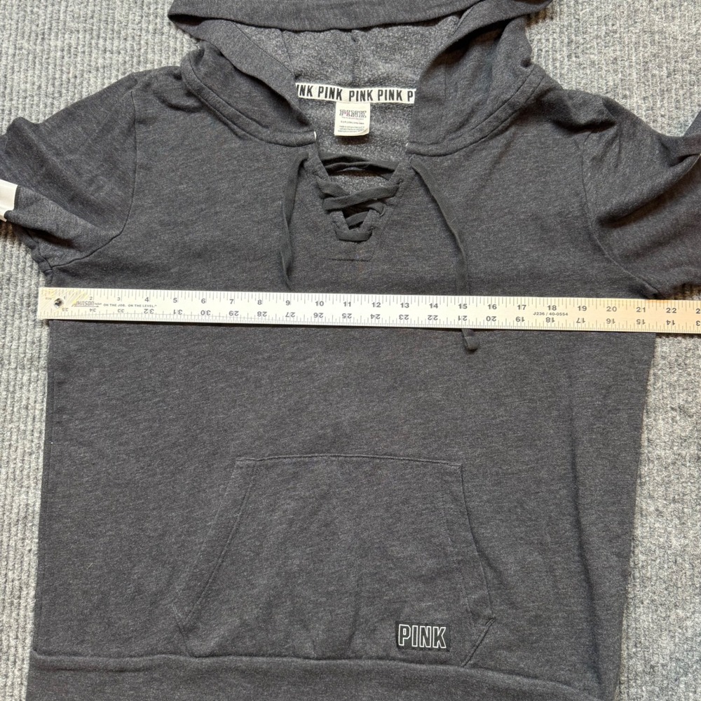 Victoria's Secret PINK Lace Up Hoodie Small Gray Spell Out Sleeve Pullover - Picture 4 of 10